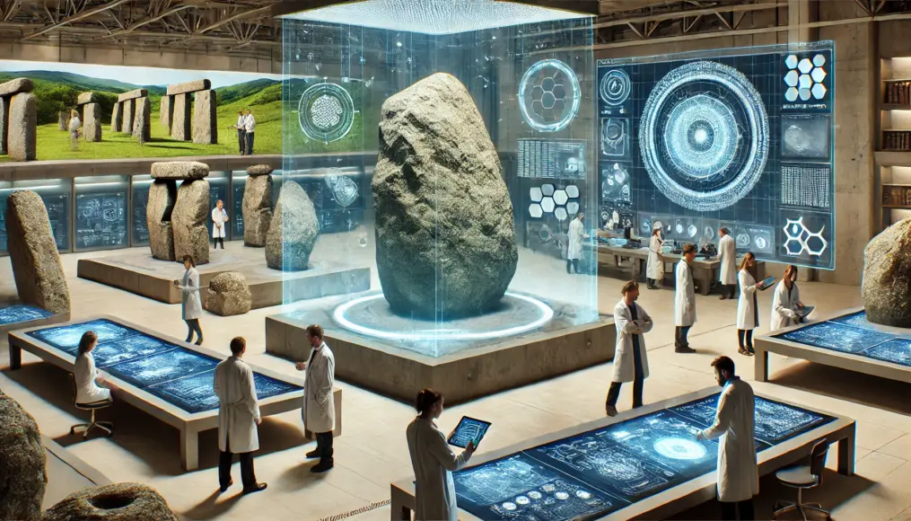 A symbolic image of ancient technology influencing modern researchers, representing the connection between the past and the future