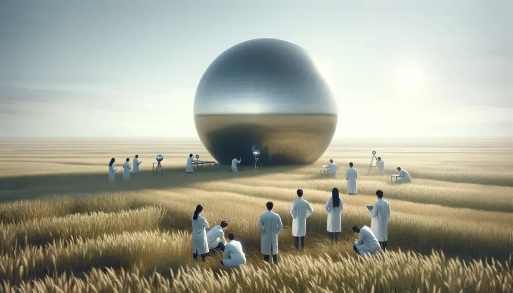 A vast grassland with a mysterious metal sphere in the center being observed by a group of scientists