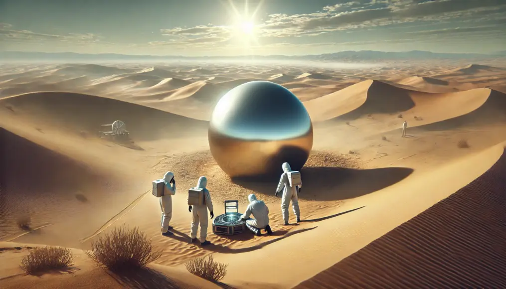 Researchers examining a mysterious metallic sphere in a vast desert landscape