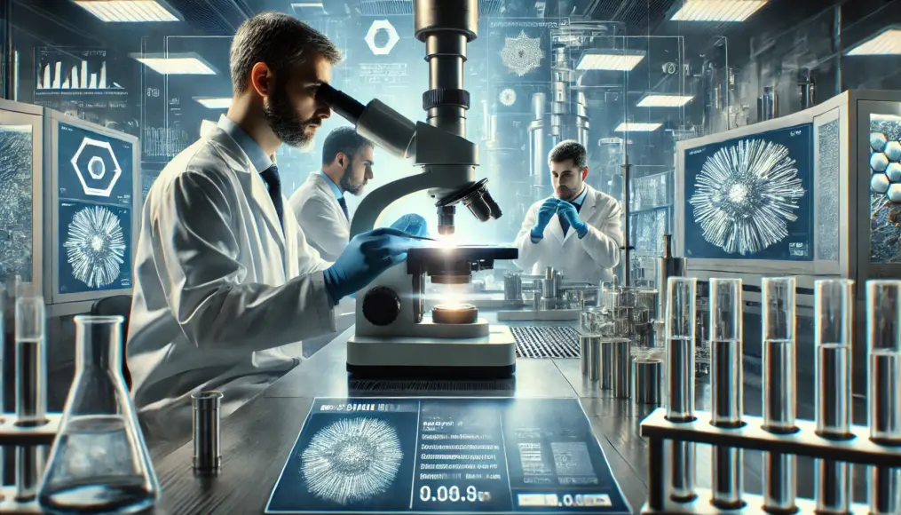 A scientist examining the metal sample under a microscope