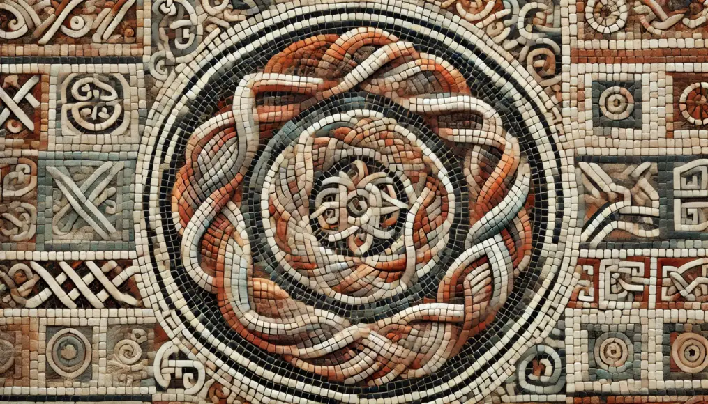 A detailed close-up of the mosaic, showing an impressive arrangement of tiny stone fragments