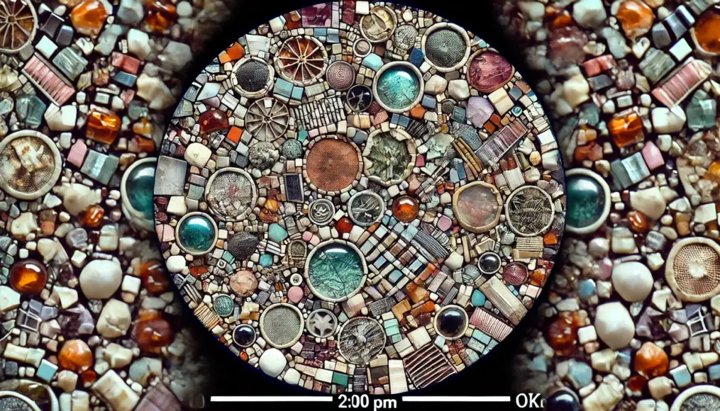 A microscopic analysis of the mosaic, revealing unknown minerals with reflective properties