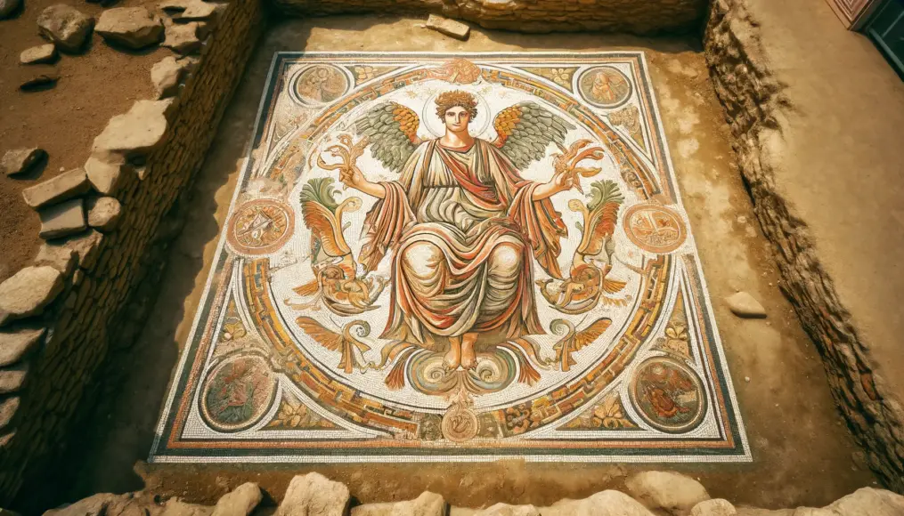 A section of the mosaic featuring a figure resembling a deity from Roman mythology