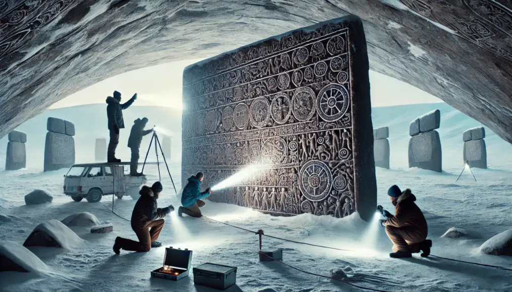 Researchers closely analyzing mysterious inscriptions carved into the stone monument