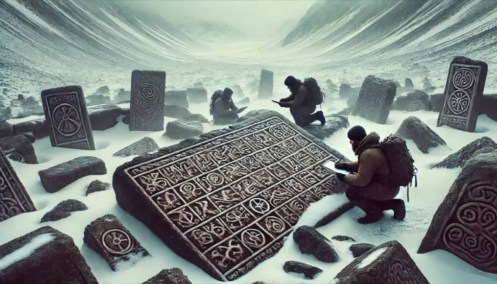 Archaeologists studying mysterious symbols carved into the ruins, surrounded by snow and rugged terrain.