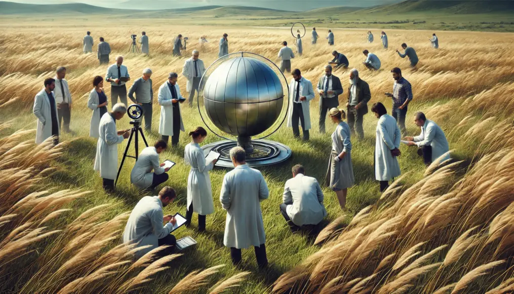 A vast grassland where a group of scientists is gathered around a mysterious metal sphere, engaged in discussion