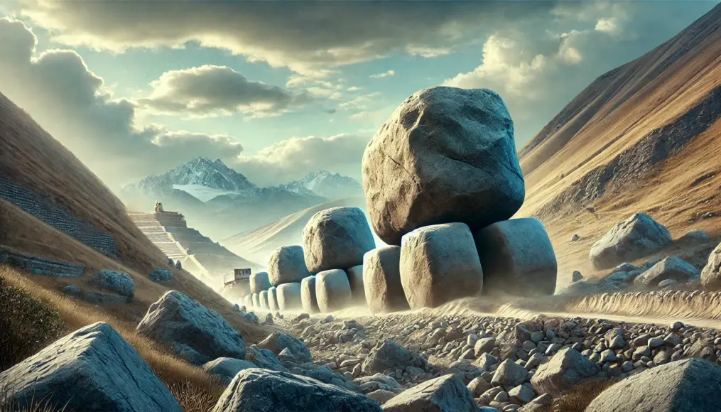 Illustration showing the mystery of Sacsayhuamán stones’ origins and transportation. Massive stones are depicted crossing rugged terrain with the Andes Mountains in the distance.