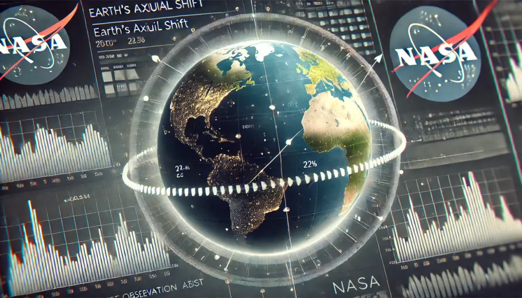 An image visualizing Earth's axial shift based on NASA's observation data. A globe with directional arrows indicates shifts in Earth's tilt, with data points showing recorded variations.