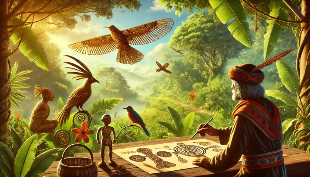 A scene imagining how inspiration from nature, such as birds and insects, influenced the design of the Golden Jet in ancient times