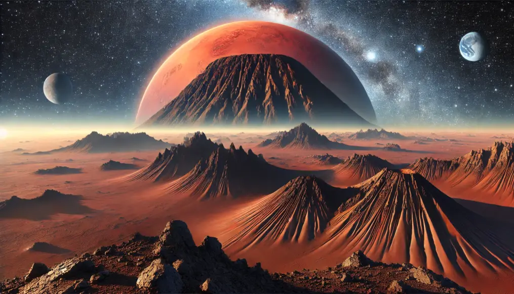 A scene comparing Olympus Mons and Earth’s volcanoes, with Mars’ red terrain and the vast cosmos in the background