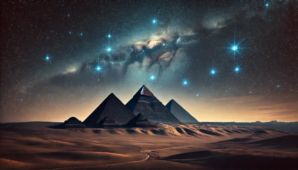 A night scene showing the connection between pyramids and Orion's Belt, with a starry sky and a vast desert