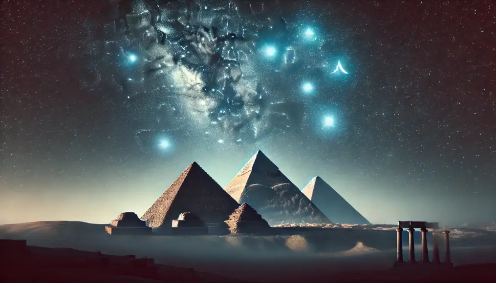 A night scene showcasing Orion’s Belt above Egypt’s pyramids