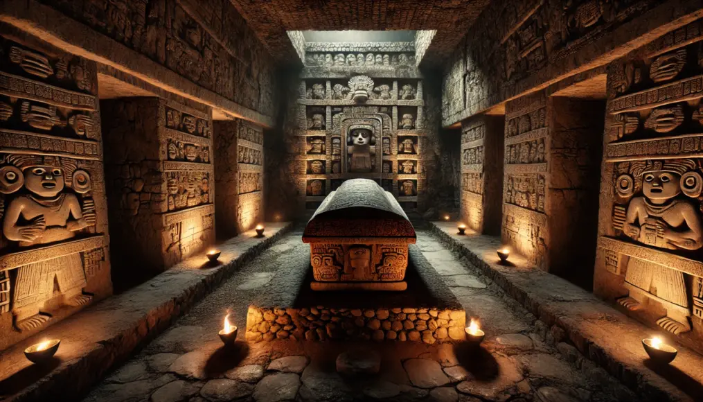 The interior of the Temple of the Inscriptions, showing Pakal’s sarcophagus and intricate decorations