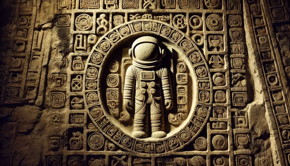 Relief of King Pakal appearing as an astronaut, surrounded by mysterious patterns