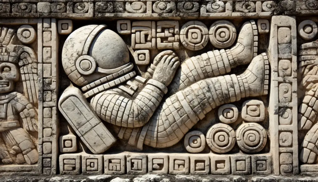 A close-up of Pakal’s relief, showing his seated position similar to that of an astronaut