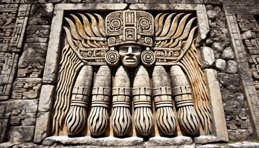 Flame-like decorations and exhaust-like designs in the Palenque relief