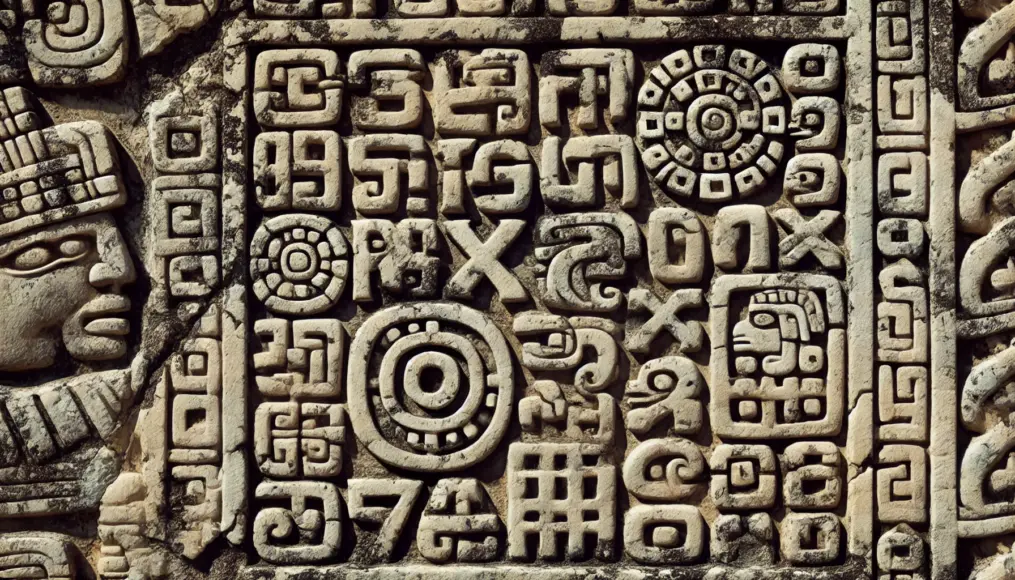 Close-up of mysterious symbols carved into Pakal’s relief at the Palenque Ruins