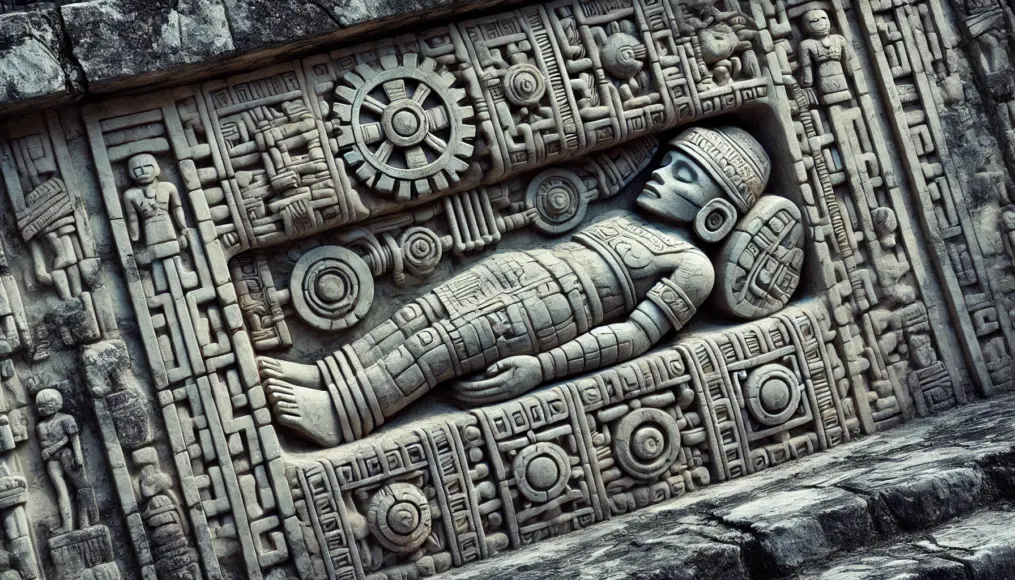 The relief on Pakal’s sarcophagus showing a human figure with mechanical elements