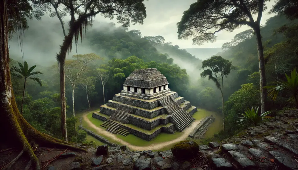 A stone temple of the Palenque ruins with a vast tropical rainforest