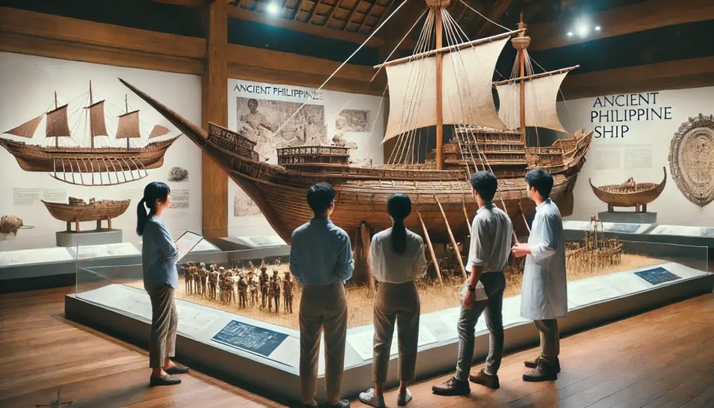 A reconstructed model of an ancient Philippine ship being studied by archaeologists