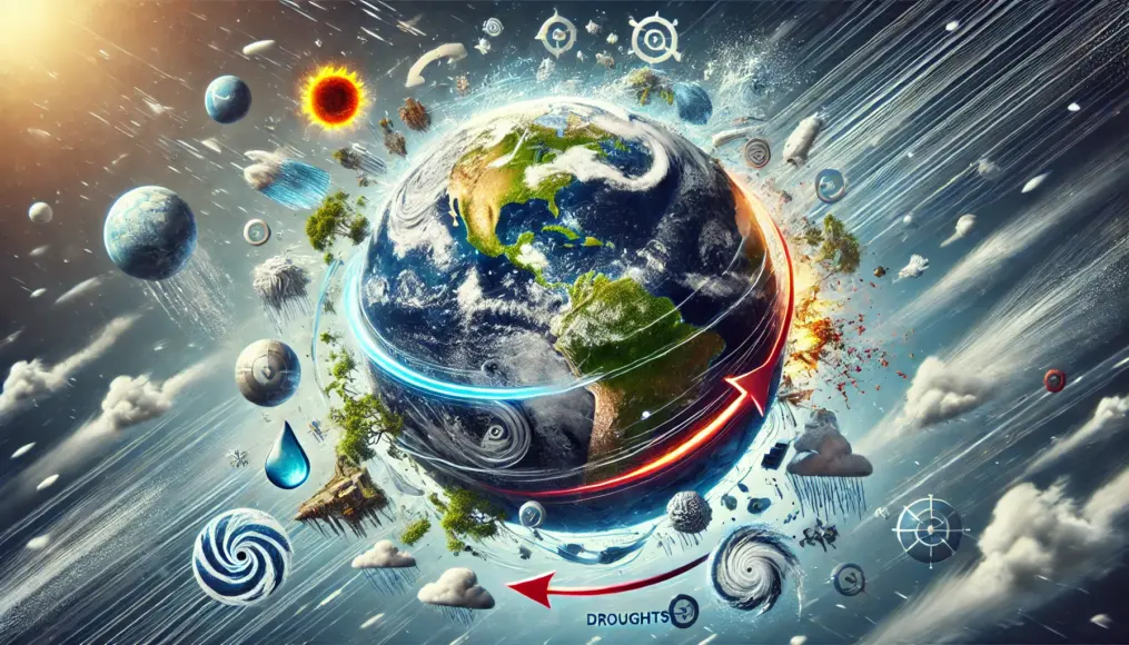 An image illustrating the effects of past polar shifts. Earth's rotational axis appears altered, leading to extreme weather and climate changes across continents.