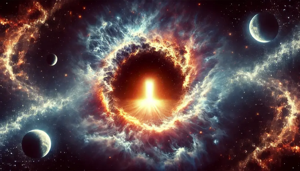 A mysterious portal leading to an unknown universe, surrounded by waves of cosmic energy