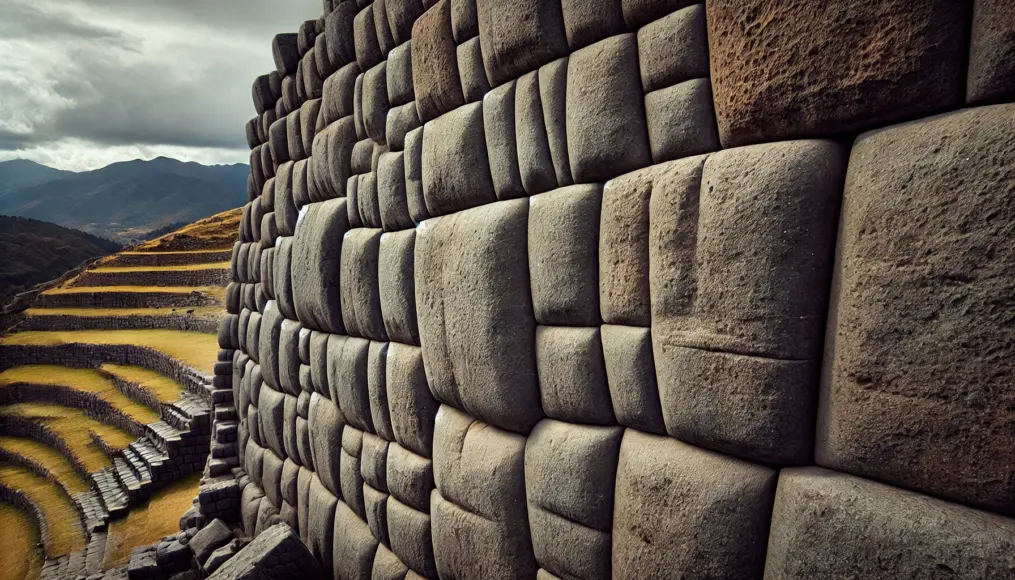 A close-up of the megalithic stones at Sacsayhuamán, highlighting the perfect alignment and precise cuts