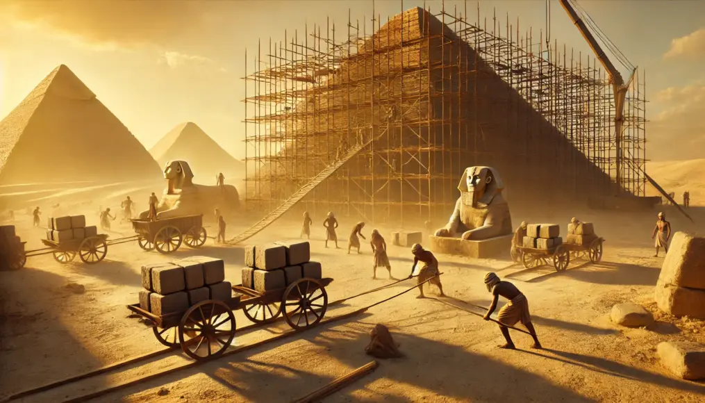 A scene imagining the construction of the pyramids. Ancient workers are transporting stones, with a pyramid under construction visible in the distance