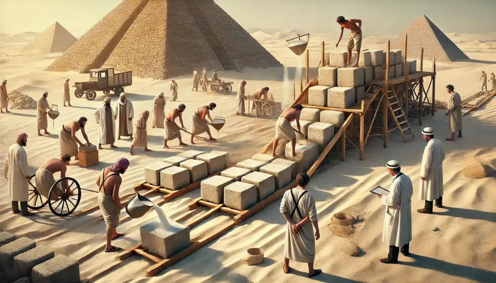 A modern reconstruction experiment demonstrating how ancient pyramid builders may have transported and placed stone blocks