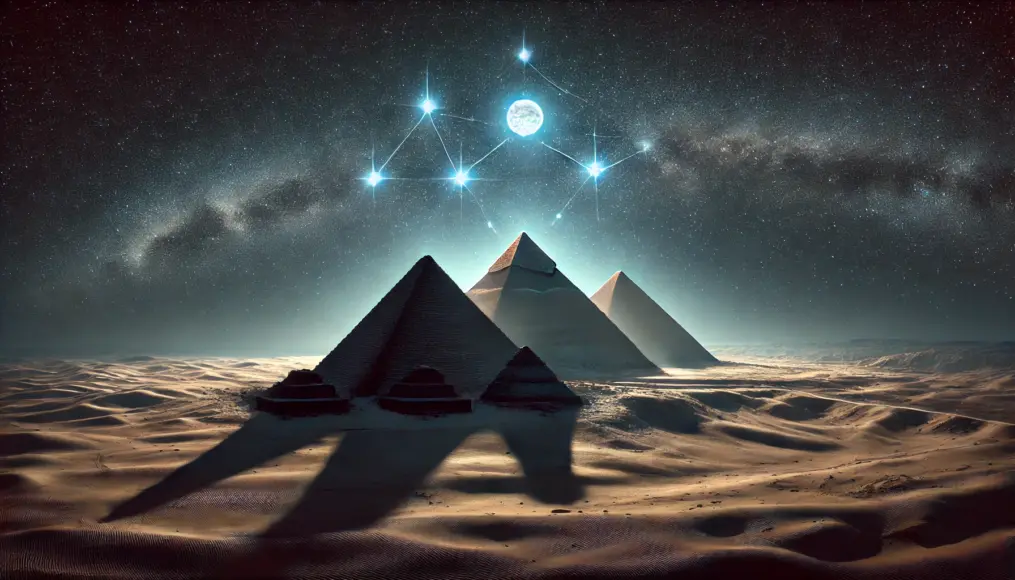 A scene showing the alignment of Giza's pyramids with a constellation. Orion's Belt shines in the night sky, with pyramids corresponding to the stars