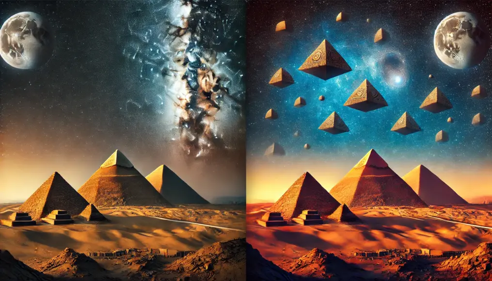 A scene comparing Egypt's pyramids with structures on Mars’ surface, set against a starry sky