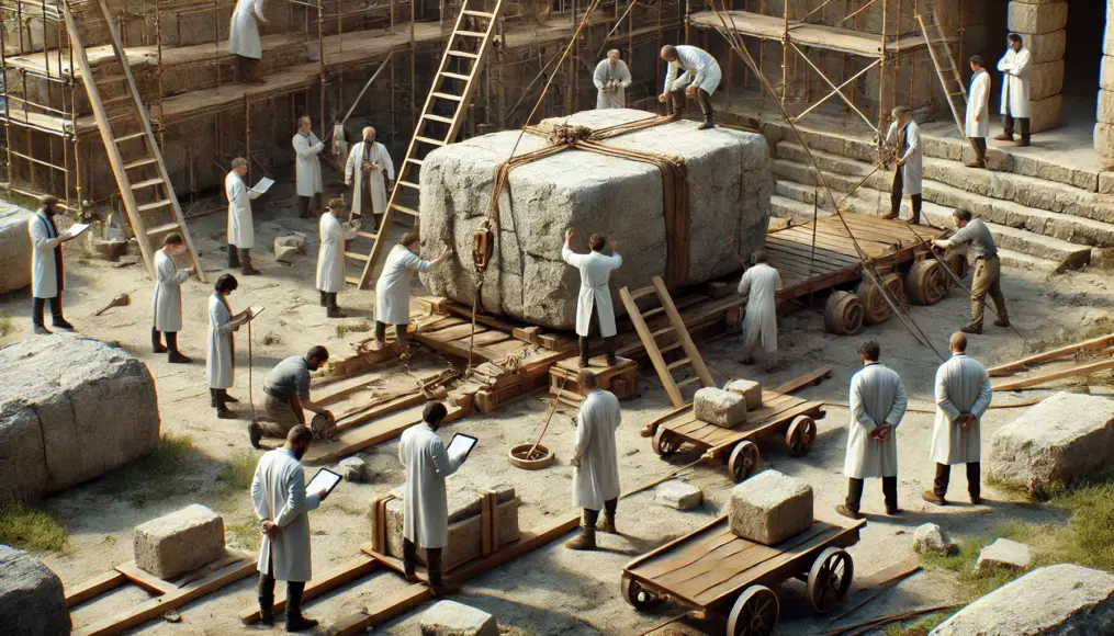 Researchers conducting experiments to reconstruct ancient stone-building techniques, demonstrating the process of assembling massive stones