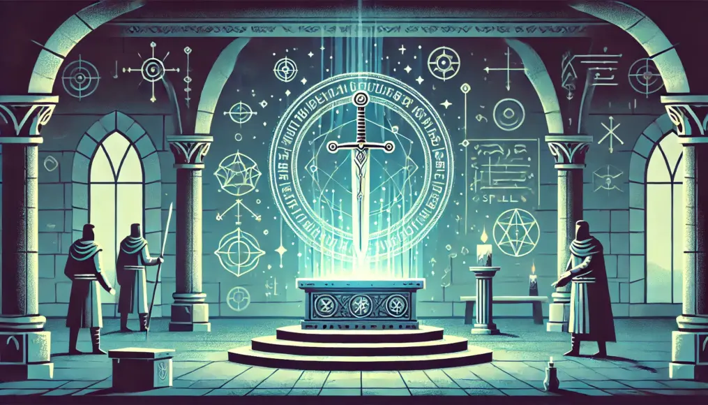 A mysterious location where an ancient ritual is being performed. An altar stands in the center, holding a sacred sword engraved with sealing spells. A strange glow fills the air, creating an eerie atmosphere