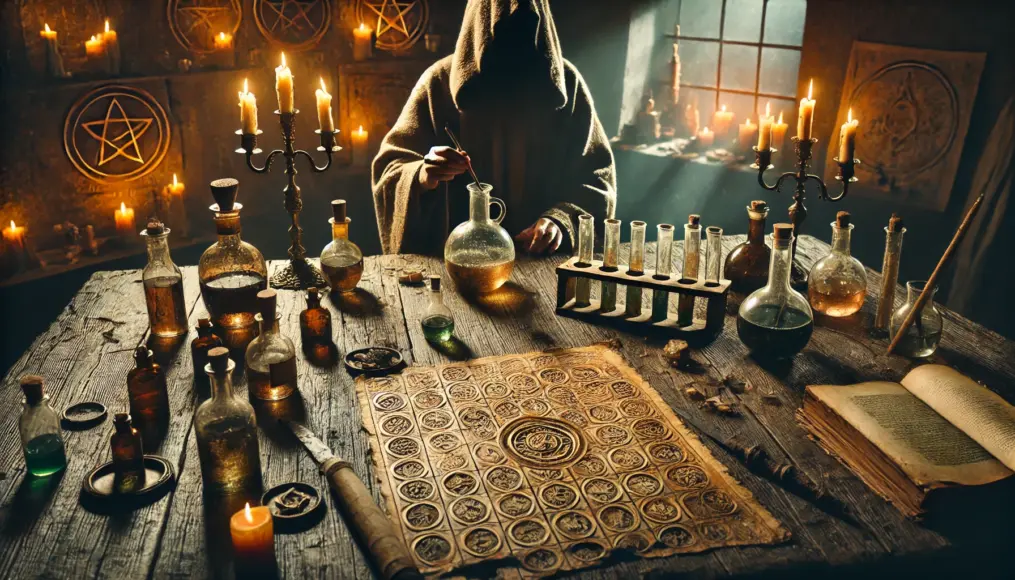 A Roman alchemist’s laboratory. A mysterious workbench adorned with arcane symbols, where a figure is carefully mixing substances