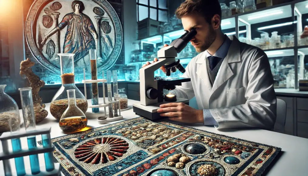 Researchers conducting a detailed analysis of the mosaic's materials