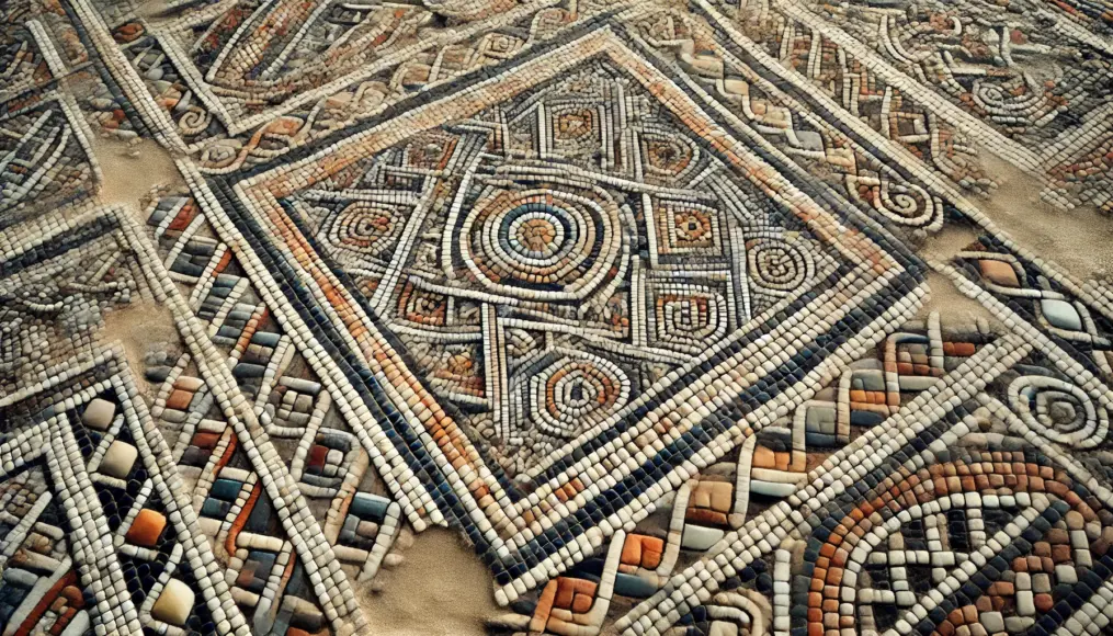 A close-up of the discovered Roman mosaic, showcasing intricate geometric patterns