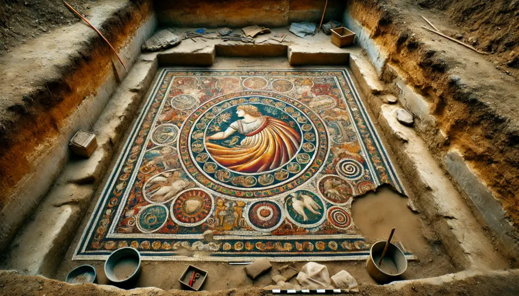 A recently discovered Roman-era mosaic at an excavation site, featuring vibrant colors and intricate designs