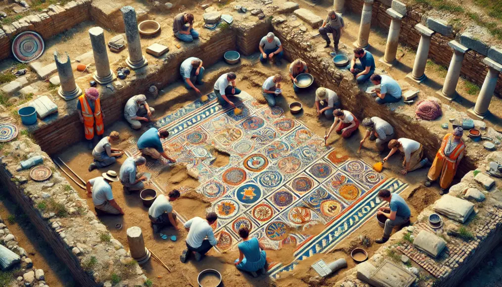 Archaeologists carefully excavating the mosaic