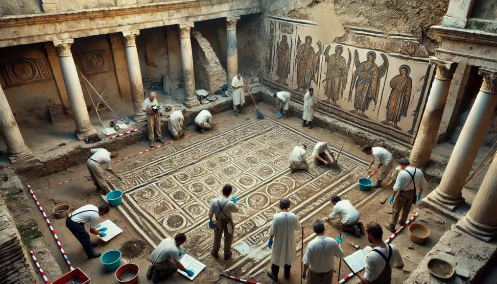 An ancient Roman excavation site where experts investigate the mysteries of a discovered mosaic