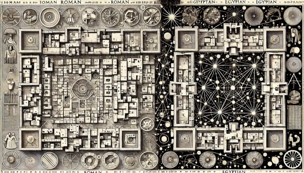 A diagram comparing the layouts of Roman and Egyptian cities with celestial star patterns, revealing eerie alignments