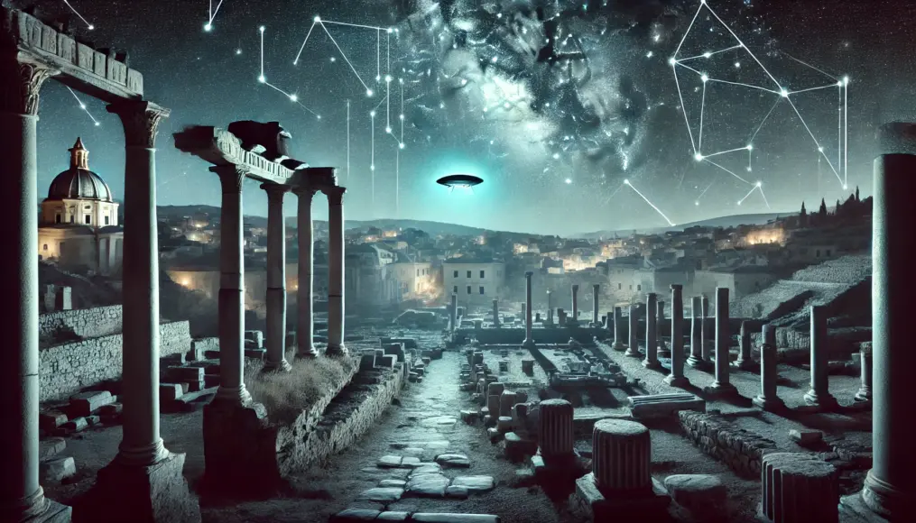 A Roman city under the night sky, with constellations perfectly aligned to the city's layout. A mysterious glowing object is faintly visible in the sky