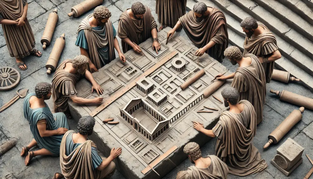 Ancient Roman architects drafting city plans. They etch precise urban designs onto stone tablets, calculating the layout of an advanced civilization