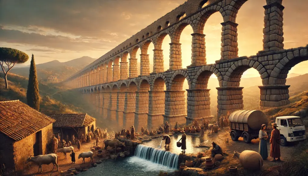 A grand Roman aqueduct standing tall against the sunset, transporting water to the city from distant mountains