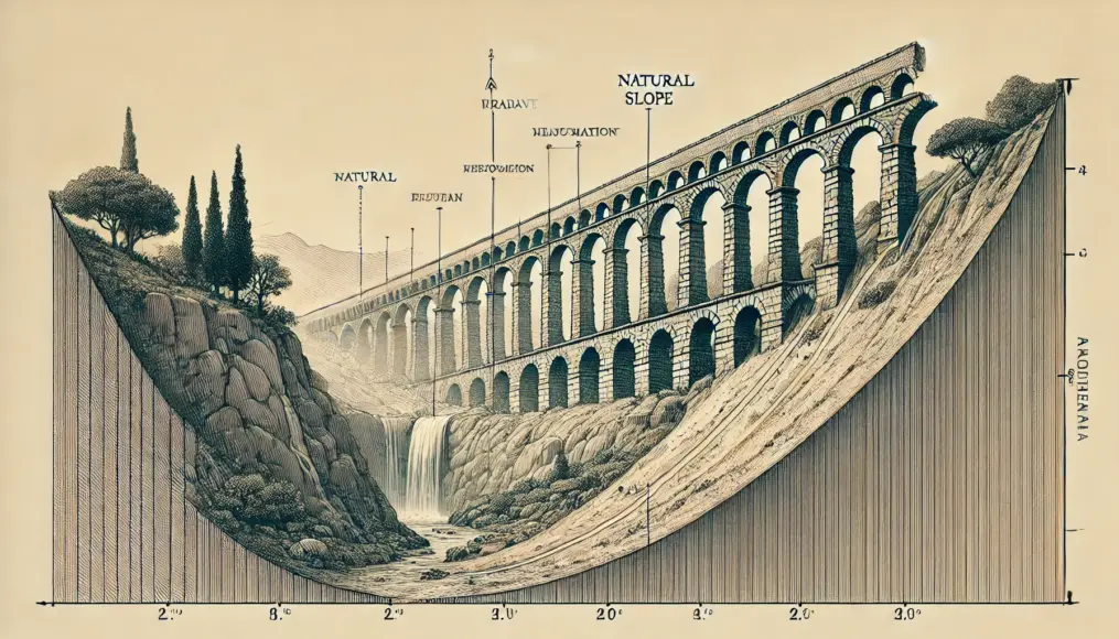 A schematic of the Roman aqueduct gradient, illustrating how water flows efficiently toward the city without pumps