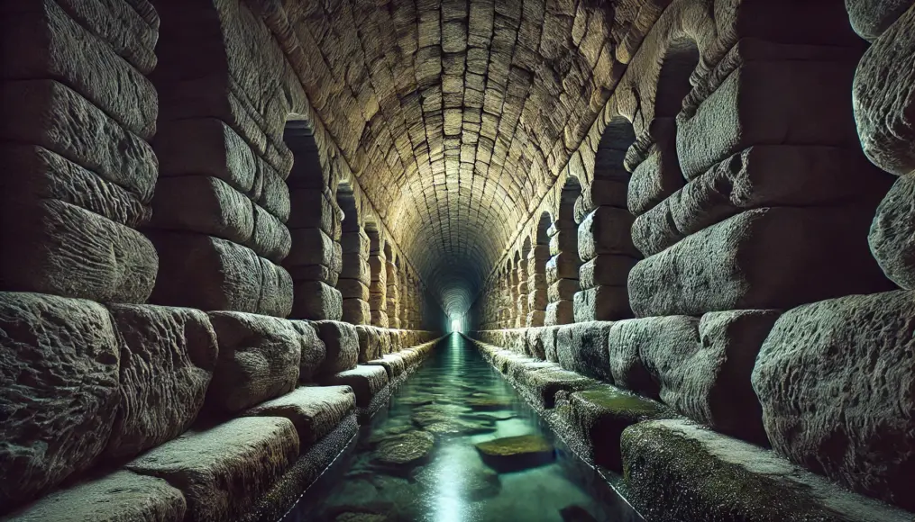 The inside of a Roman aqueduct tunnel. A long stone corridor with flowing water, showing layers of mineral deposits strengthening the pipes