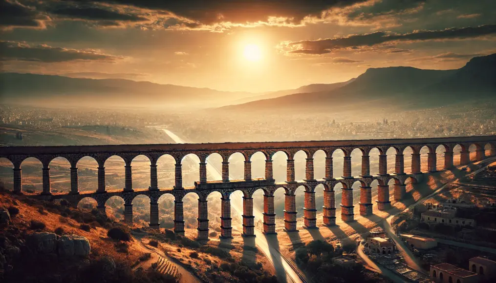 A distant view of a Roman aqueduct stretching across the land. The massive stone arches extend toward the city, with majestic mountains in the background