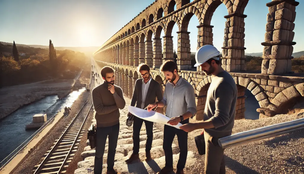 Modern engineers studying a Roman aqueduct. Scientists analyze the massive stone structure, taking notes on its ancient design