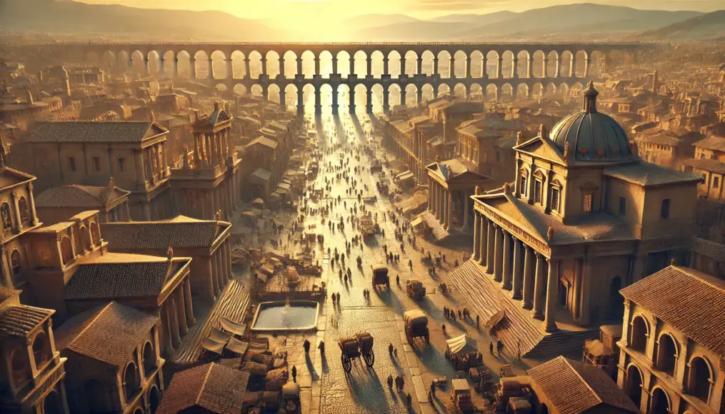 A panoramic view of an ancient Roman city. The well-organized streets, grand plazas, and towering aqueducts showcase the city's advanced infrastructure