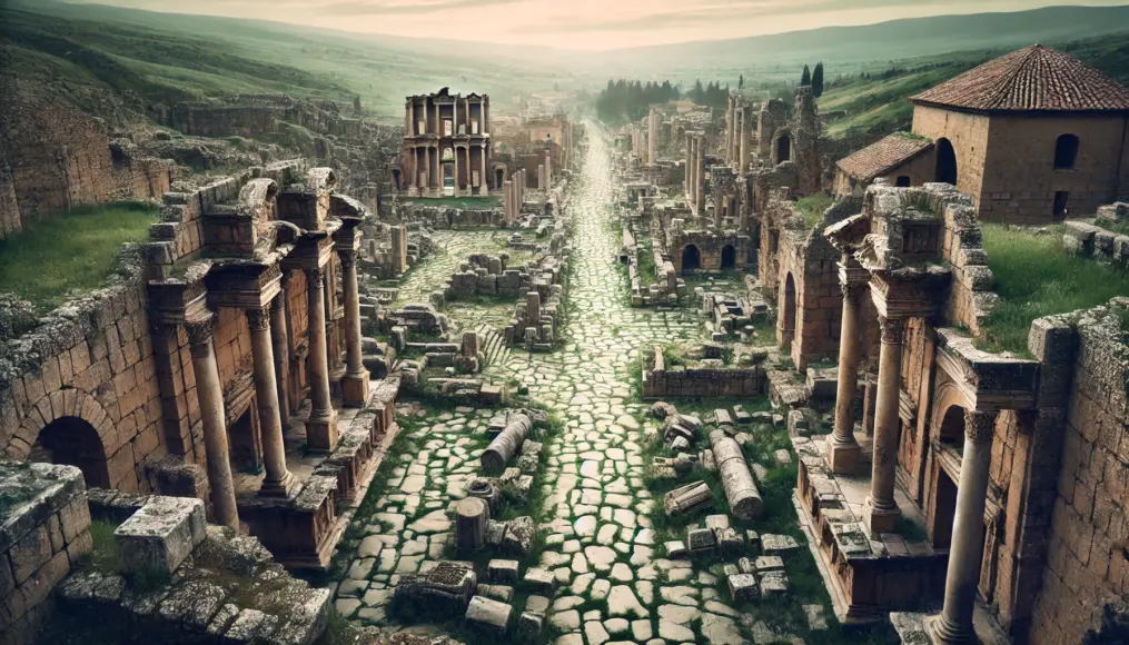 The remains of a Roman city. Ancient stone-paved streets and crumbling structures hint at the once-thriving urban environment, now lost to time