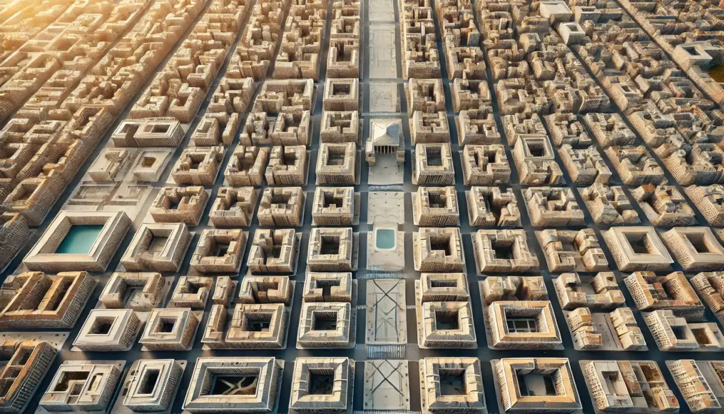 Aerial view of a Roman city with a perfectly aligned street grid, showcasing the geometric layout and central forum